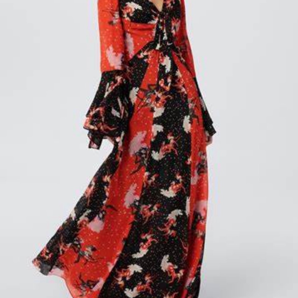 Diane Von Furstenberg Selena Chiffon, Tie Front Flair Sleeve Maxi Dress, Size 6